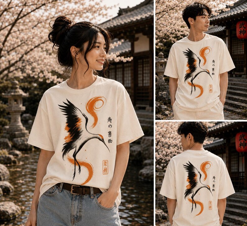 Japanese Crane T-Shirt, Minimalist Bird Art Tee, Zen Style Graphic Shirt, Asian Inspired Fashion, Nature Lover Gift Tee, Crane Bird Clothing image 5