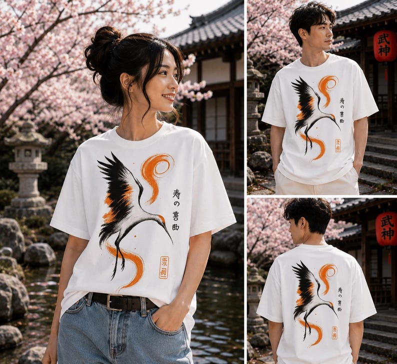 Japanese Crane T-Shirt, Minimalist Bird Art Tee, Zen Style Graphic Shirt, Asian Inspired Fashion, Nature Lover Gift Tee, Crane Bird Clothing image 2