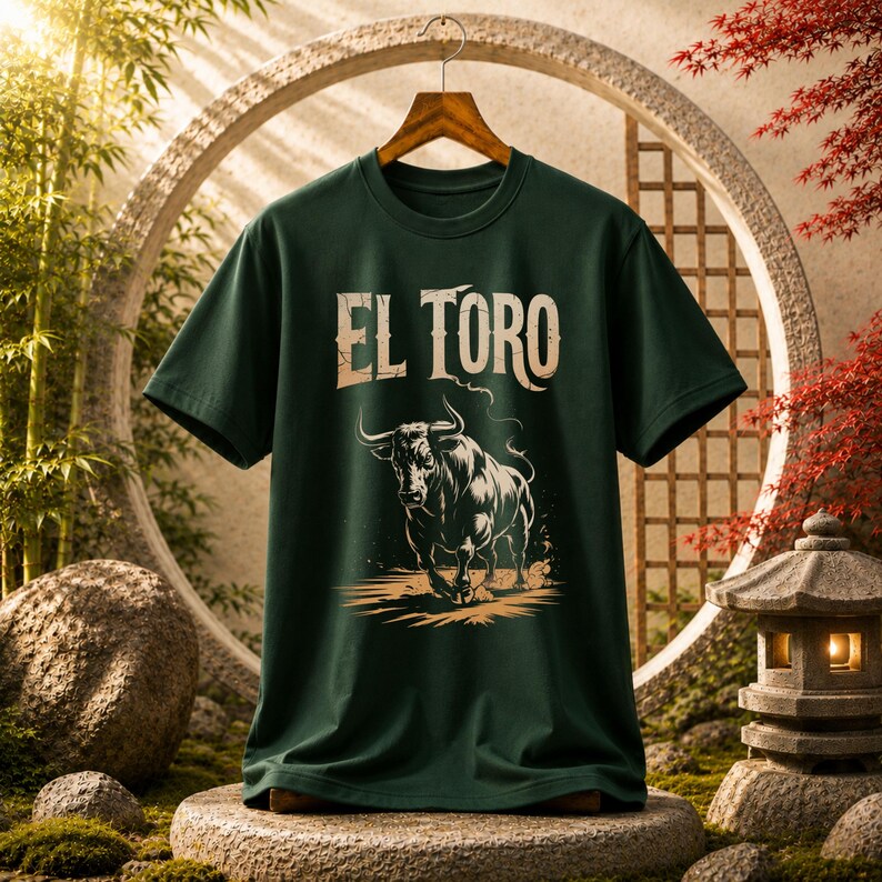 Peut inclure: Un t-shirt &agrave; manches courtes vert fonc&eacute; avec une impression graphique d'un taureau en charge en noir et blanc. Au-dessus du taureau, le texte EL TORO est imprim&eacute; dans une police de couleur claire et vieillie. Le t-shirt a un col rond.