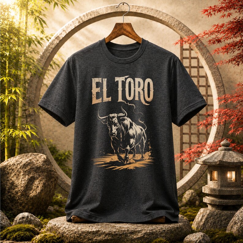 Peut inclure: Un t-shirt &agrave; manches courtes gris anthracite fonc&eacute; avec une impression graphique repr&eacute;sentant un taureau en position de charge. Au-dessus du taureau, le texte EL TORO est imprim&eacute; dans une police beige clair vieillie sur un cintre en bois.