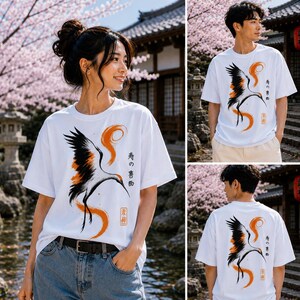 Japanese Crane T-Shirt, Minimalist Bird Art Tee, Zen Style Graphic Shirt, Asian Inspired Fashion, Nature Lover Gift Tee, Crane Bird Clothing image 4