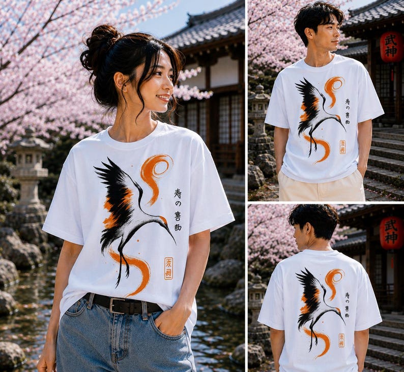 Japanese Crane T-Shirt, Minimalist Bird Art Tee, Zen Style Graphic Shirt, Asian Inspired Fashion, Nature Lover Gift Tee, Crane Bird Clothing image 4
