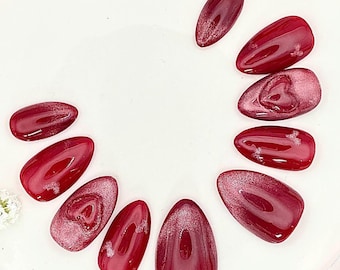 Red Cat Eye Heart Press-On Nails | 3D Almond Nail Set