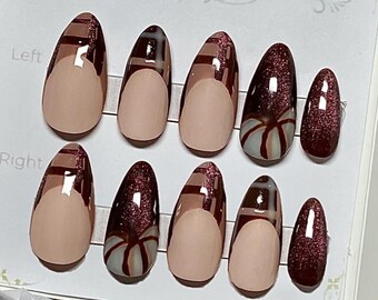 Cat eye burgundy pumpkin and plaid Press on Nail Set | Almond Shaped Nails