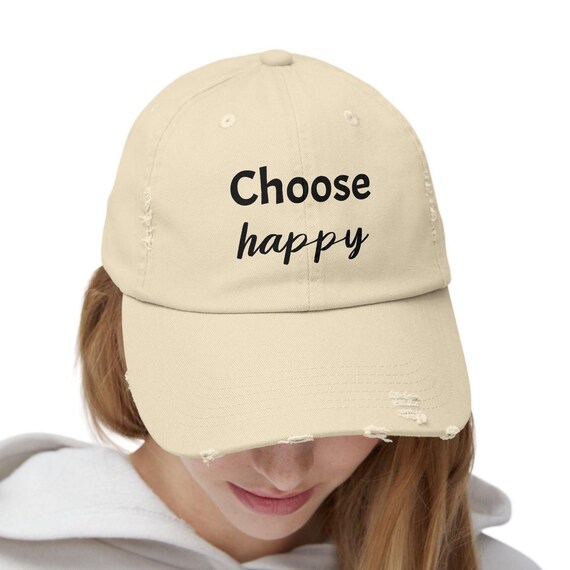 Distressed Beige Baseball Cap: Choose Happy Vintage Dad Hat  display picture 3