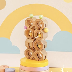 Montessori Wooden Hexagon Puzzle Toy – Stacking & Balancing Toy with Colourful Beads – Natural Sensory Toy for Toddlers and Kids -