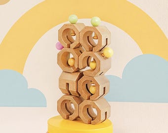 モンテッソーリ木製六角形パズルおもちゃ - カラフルなビーズが付いた積み木とバランスのおもちゃ - 幼児と子供のための自然な感覚おもちゃ -
