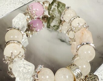 Multi-Gemstone Crystal Bracelet: Green Phantom, Kunzite, Rutilated Quartz & Nine-Tailed Fox Charm