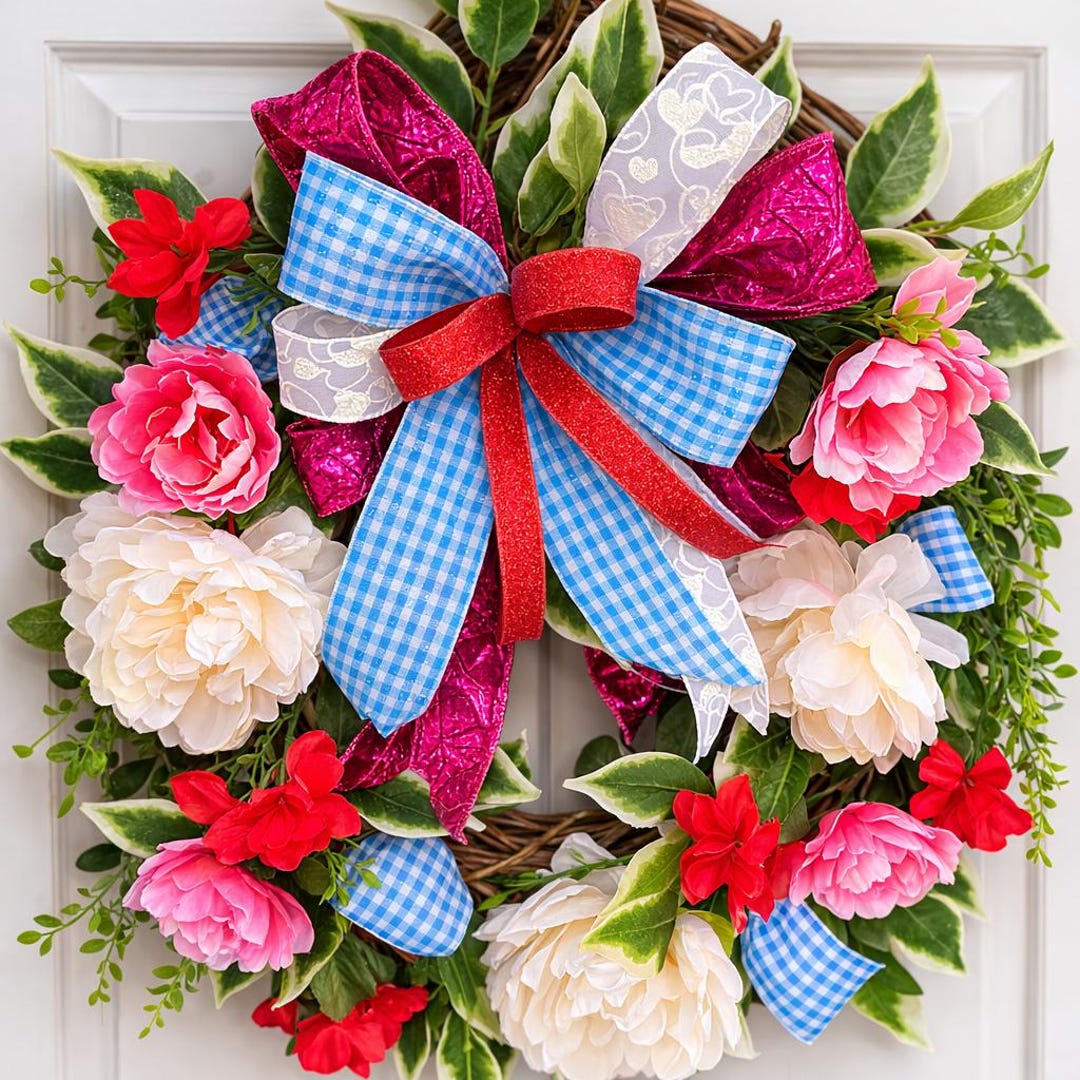 Spring Floral Wreath for Front Door | Blue Gingham Bow Wreath | Pink ...