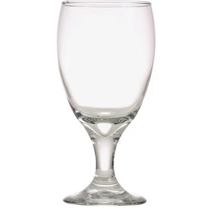 May include: A clear glass wine goblet with a tall, slender stem and a wide, round bowl.