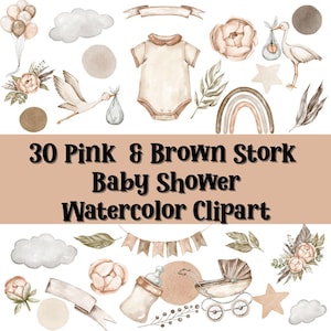 Acquerello rosa e marrone cicogna baby shower download digitale PNG Clipart