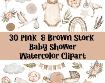 Watercolor Pink and Brown Stork Baby Shower Digital Download PNG Clipart