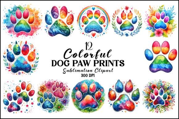 Colorful Dog Paw Prints Clipart Digital Download