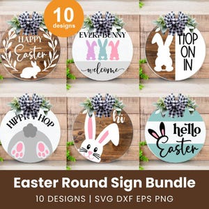 Könnte beinhalten: Eine Sammlung von runden Ostern-Schildern. Jedes Schild hat ein einzigartiges Design, darunter Hasen, Ostergrüße und dekorative Elemente. Die Schilder sind aus Holz gefertigt und mit Schleifen und Grün geschmückt. Der Text "Easter Round Sign Bundle" steht unten.