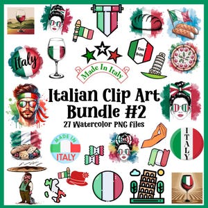 Könnte beinhalten: Eine Sammlung von Aquarell-Clip-Art-Elementen mit italienischem Thema. Die Bilder zeigen die italienische Flagge, Lebensmittel wie Pizza und Brot, Weingläser und den Schiefen Turm von Pisa. Der Text lautet "Italian Clip Art Bundle #2".
