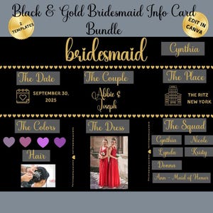 Paquete de descarga digital de tarjeta de información de dama de honor personalizable en negro y dorado: tarjeta de información de dama de honor, tarjeta de información de color de dama de honor, PDF