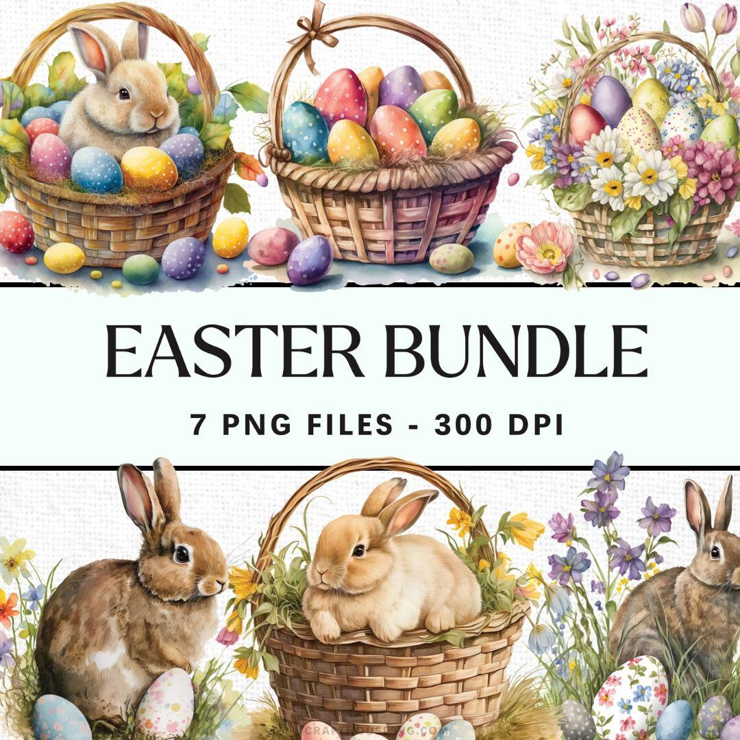 Watercolor Easter Bunny PNG Bundle – 7 Clipart Files, Floral Spring ...