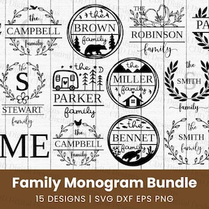 Peut inclure: Ensemble de motifs de monogrammes familiaux en noir et blanc. Chaque motif présente un nom de famille, comme "Campbell" ou "Brown", avec des éléments décoratifs tels que des couronnes, des animaux et des scènes de la nature. Le texte "Family Monogram Bundle" est en bas.