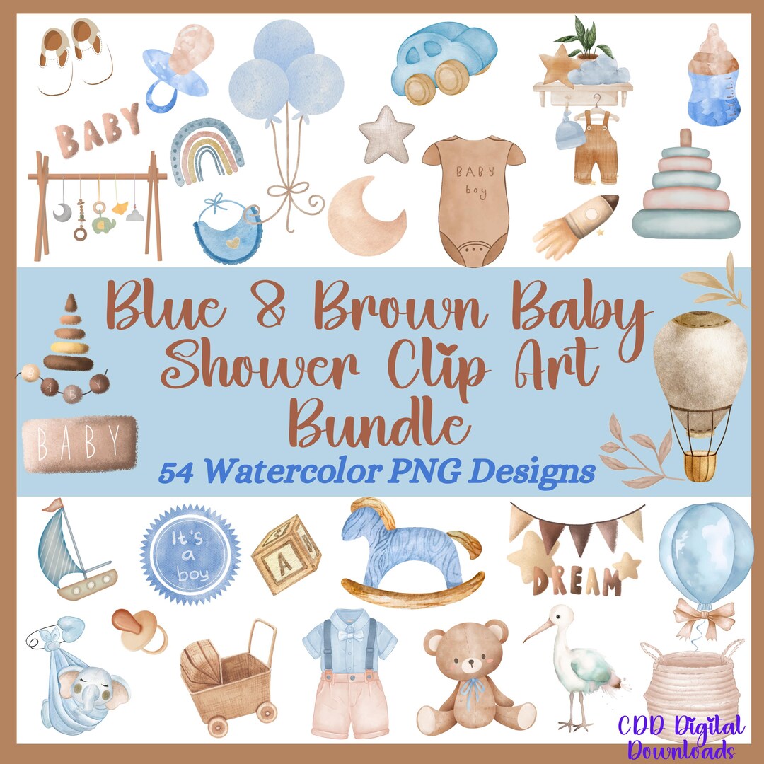 Watercolor Blue & Brown Baby Shower Digital Download PNG Clipart - Baby ...