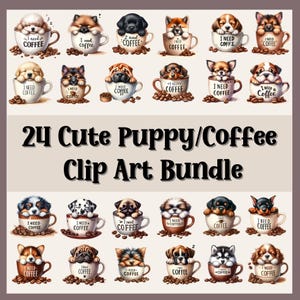Descarga digital de imágenes prediseñadas de lindo cachorro/café: imágenes prediseñadas de cachorro durmiendo y café PNG