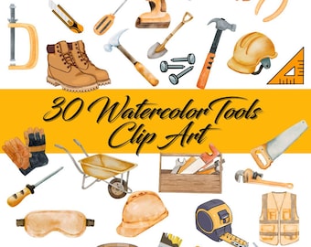 30 Watercolor Tools Clipart Digital Download - PNG, tools, construction, boots, work gloves, hardhats, t-shirt, mugs, decorations, social