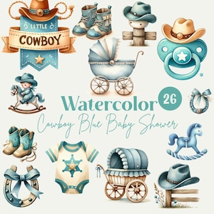 Aquarell Cowboy Blau Baby Shower Digital Download PNG Clipart - Babyparty, Jungen, Einladungen, T-shirts, Dekorationen,