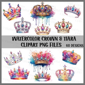 以下が含まれることがあります： 水彩画の王冠とティアラのクリップアートPNGファイルのコレクション。王冠とティアラは、カラフルな宝石のアクセントと金色のディテールが特徴です。画像内のテキストは「WATERCOLOR CROWN & TIARA CLIPART PNG FILES 60 DESIGNS」と表示されています。