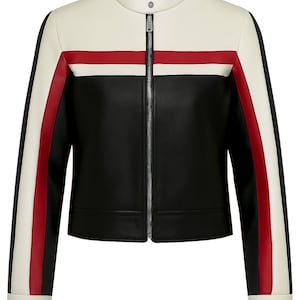 Unisex Striped Leather Jacket – Genuine Leather Streetwear Coat, Black & White Biker Style Outerwear, Retro Fashion Statement