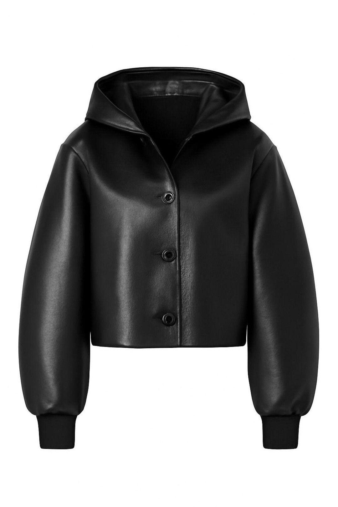 ブラックレザーフードジャケット - クロップドボンバーレザーコート