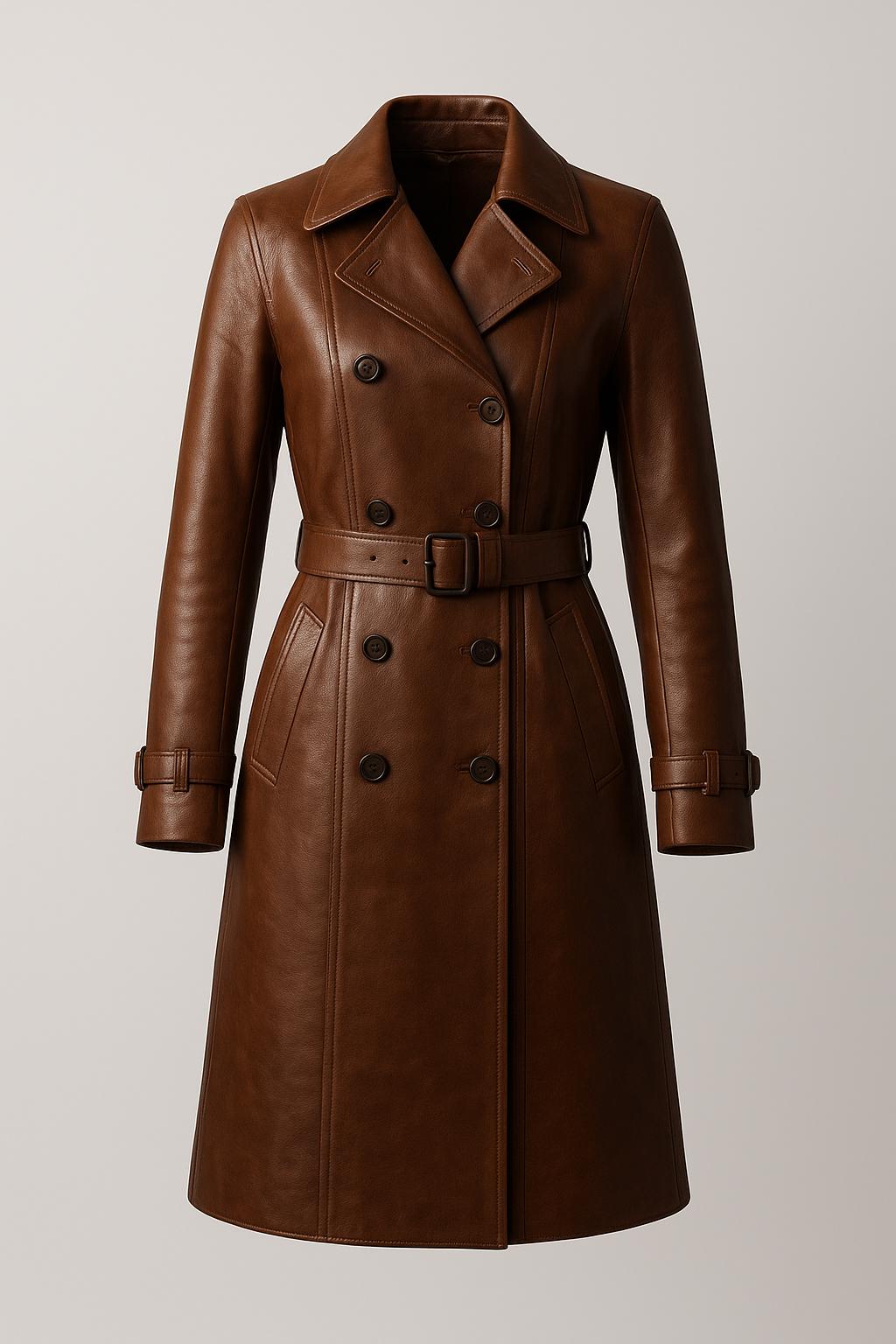 ブラウン レザートレンチコート ダブルブレスト 本革 ハンドメイドのブラウンレザートレンチコート：ベルト付きダブル