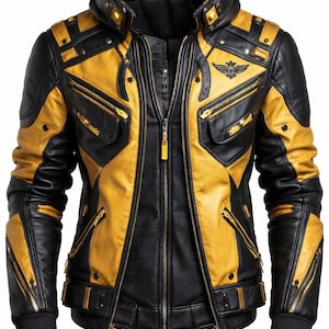 Chaqueta de cuero amarilla Cyberpunk 2077: abrigo urbano futurista