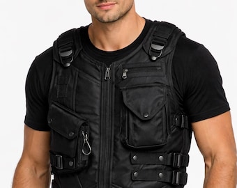Chaleco de cuero negro – Chaleco utilitario de estilo táctico para hombre
