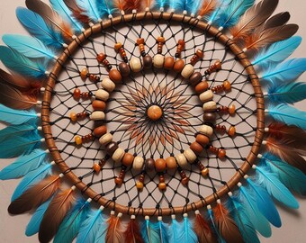 May include: A blue and brown dreamcatcher with feathers. The dreamcatcher has a beaded outer ring and a woven centre with a brown bead in the middle.
