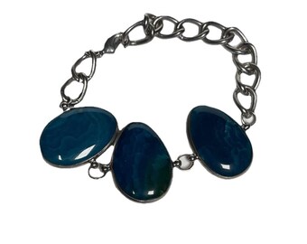 Blau Achat Silber Ton Boho Armband Gliederkette