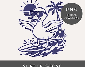 Esta imagem PNG de um ganso solto, ganso surfista PNG, vibe retrô de verão PNG, camiseta engraçada de ganso PNG, download de design de sublimação para presente de amantes de gansos