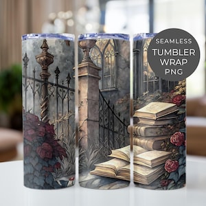 Gothic Garden Tumbler Wrap PNG, Antique Books and Roses 20 oz Sublimation Design, Dark Academia Gothic Wrap, Vintage Book Lover PNG