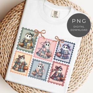May include: White t-shirt featuring a design of six ghost stamps, each with a unique patchwork outfit and holding a jack-o'-lantern. The stamps are in pastel colors with brown bows. The shirt has a Comfort Colors tag and a "PNG DIGITAL DOWNLOAD" graphic.