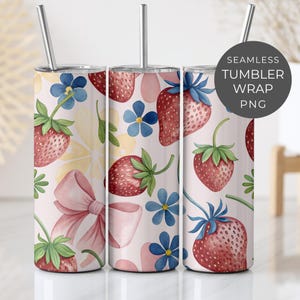 Strawberries Tumbler Wrap PNG, Coquette Strawberry Bow 20oz Skinny Tumbler Wrap, Summer Girly Tumbler Sublimation Design, Digital Download