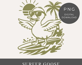 Esta imagem PNG de um ganso solto, ganso surfista PNG, vibe retrô de verão PNG, camiseta engraçada de ganso PNG, download de design de sublimação para presente de amantes de gansos