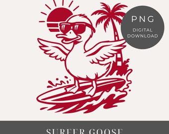 Esta imagem PNG de um ganso solto, ganso surfista PNG, vibe retrô de verão PNG, camiseta engraçada de ganso PNG, download de design de sublimação para presente de amantes de gansos