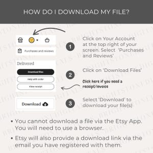May include: A step-by-step guide on how to download a file, with numbered instructions and arrows. The guide includes screenshots of the Etsy website, with text that says "Purchases and Reviews" and "Download files".