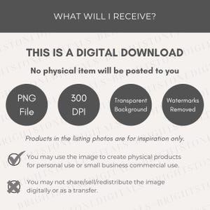 May include: Image with text: "WHAT WILL I RECEIVE? THIS IS A DIGITAL DOWNLOAD. PNG File, 300 DPI, Transparent Background, Watermarks Removed." Includes information about digital product usage rights. Gray and white design.