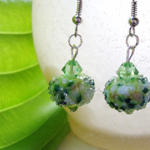 Green Lampwork Earrings Sugar Lampwork Swarovski - OVER HALF OFF!!