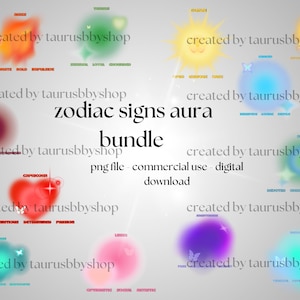May include: A set of 12 digital illustrations of zodiac signs with colorful auras. Each aura is surrounded by a white butterfly and the text "created by taurusbbyshop". The text "zodiac signs aura bundle" is in the center of the image. The text "png file - commercial use - digital download" is below the bundle text.