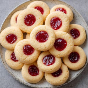 May include: A plate of thumbprint cookies. The cookies are round with a light yellow color and a red jam filling in the center. The cookies are arranged on a speckled, light gray plate.