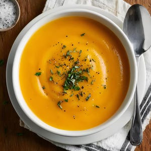 May include: A white bowl of orange soup, sprinkled with green herbs and black pepper. A silver spoon sits on a white plate and a striped napkin. A small bowl of salt is in the background.