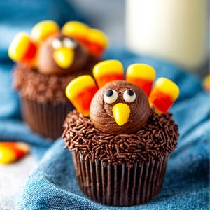 May include: Two chocolate cupcakes decorated as turkeys. Each cupcake has a chocolate frosting head with candy eyes and a yellow candy corn beak. The body is covered in chocolate sprinkles, and candy corn feathers complete the festive look.