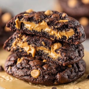 May include: A stack of three chocolate cookies with peanut butter filling. The cookies are dark brown with peanut butter chips and a creamy peanut butter center. The cookies are on a light brown surface.