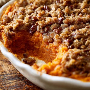 Puede incluir: Primer plano de un pastel de camote horneado en un plato ovalado blanco. El pastel tiene un interior de color naranja vibrante y está cubierto con un streusel de nueces pecanas marrón y desmenuzable. El plato está sobre una superficie de madera.