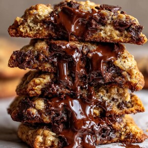 May include: A stack of four freshly baked chocolate chip cookies. The cookies are golden brown with visible chocolate chips and a generous amount of melted chocolate dripping down the sides, creating a tempting visual.